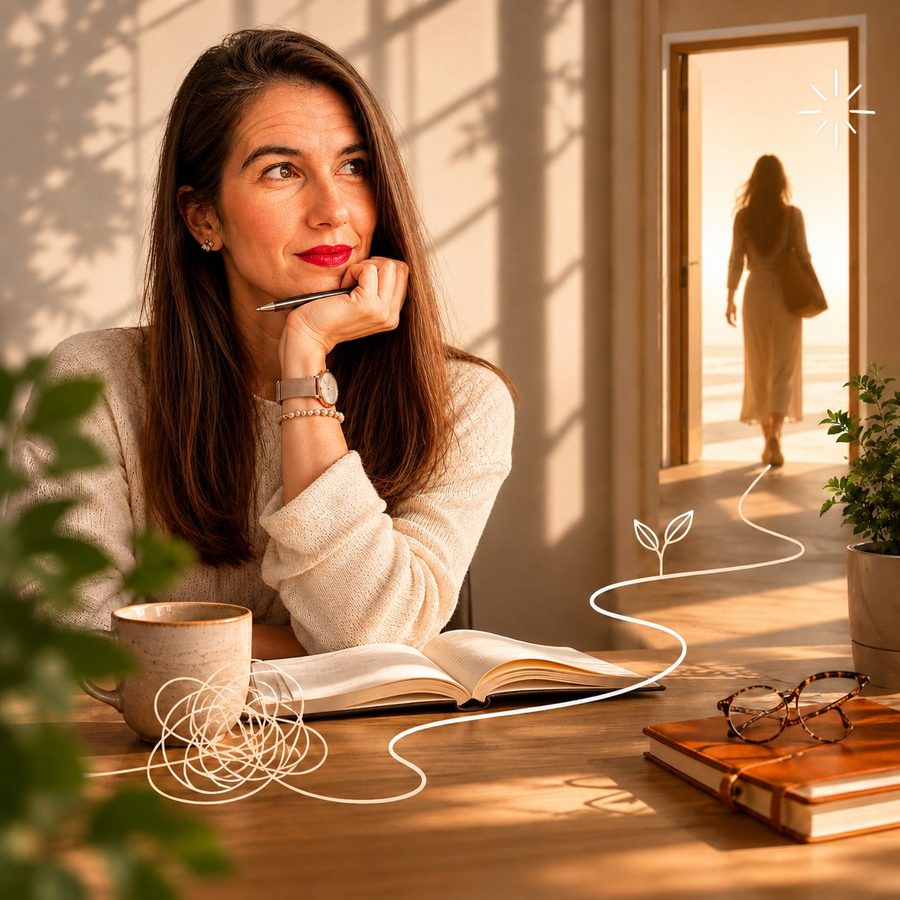 Woman at a desk, thoughtful, with a path leading to an open door in warm light